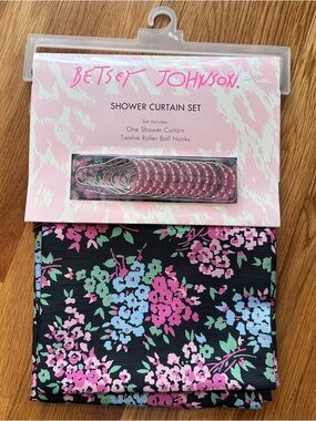Betsey Johnson Shower Curtain Set w/ 12 Roller Confetti Floral Black NEW